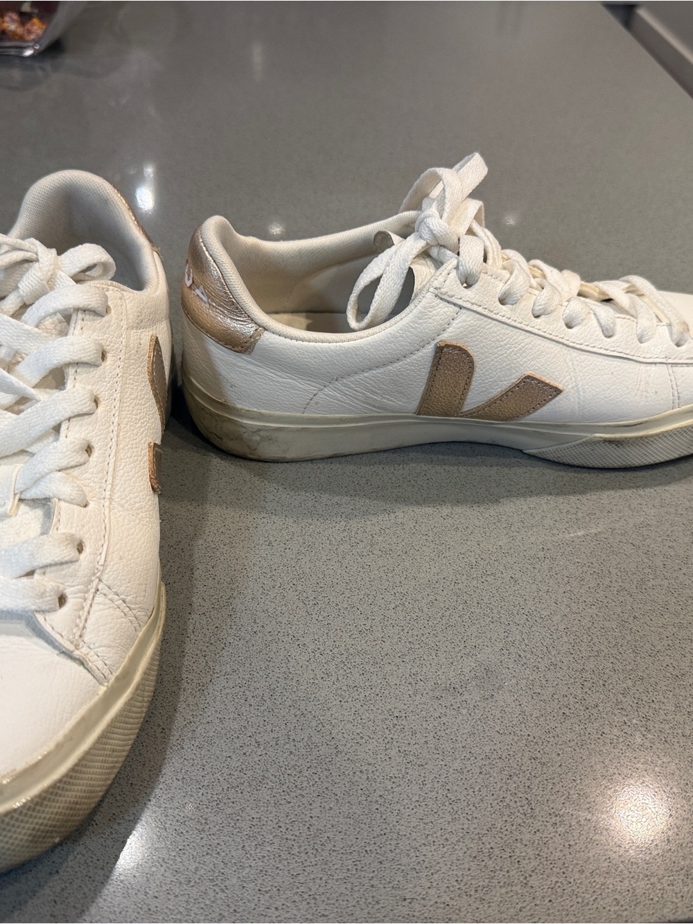 Veja Women's White Sneakers with Metallic Beige V-Logo